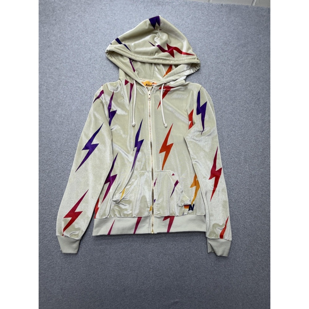 Aviator Nation Hoodie Womens Medium Multicolor Velour‎ Full Zip Lightning Bolt